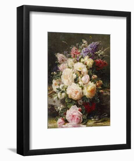 Still Life with Roses, Syringas and a Blue Tit on a Mossy Bank-Jean Baptiste Claude Robie-Framed Premium Giclee Print