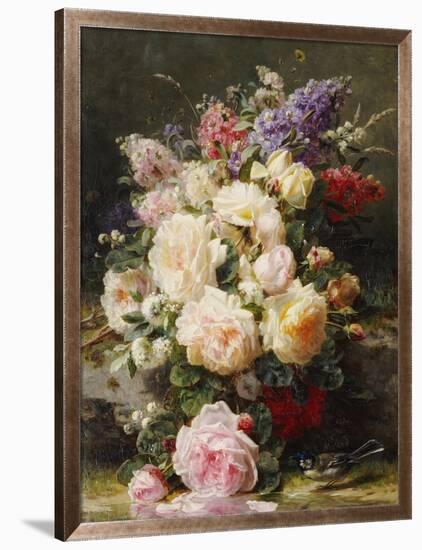 Still Life with Roses, Syringas and a Blue Tit on a Mossy Bank-Jean Baptiste Claude Robie-Framed Giclee Print