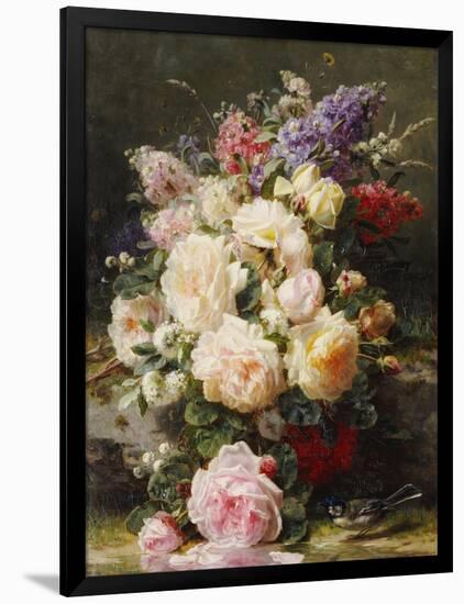 Still Life with Roses, Syringas and a Blue Tit on a Mossy Bank-Jean Baptiste Claude Robie-Framed Giclee Print