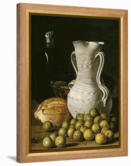 Still Life with Small Pears, Bread, White Pitcher, Glass Bottle, and Earthenware Bowl, 1760-Luis Egidio Meléndez-Framed Premier Image Canvas