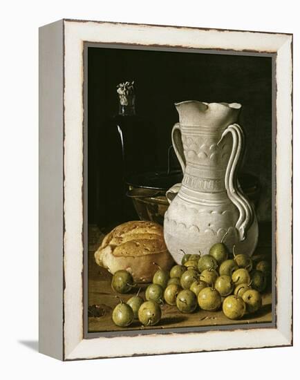 Still Life with Small Pears, Bread, White Pitcher, Glass Bottle, and Earthenware Bowl, 1760-Luis Egidio Meléndez-Framed Premier Image Canvas