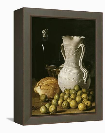 Still Life with Small Pears, Bread, White Pitcher, Glass Bottle, and Earthenware Bowl, 1760-Luis Egidio Meléndez-Framed Premier Image Canvas