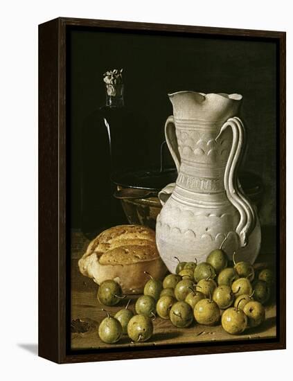 Still Life with Small Pears, Bread, White Pitcher, Glass Bottle, and Earthenware Bowl, 1760-Luis Egidio Meléndez-Framed Premier Image Canvas