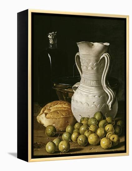 Still Life with Small Pears, Bread, White Pitcher, Glass Bottle, and Earthenware Bowl, 1760-Luis Egidio Meléndez-Framed Premier Image Canvas