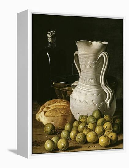 Still Life with Small Pears, Bread, White Pitcher, Glass Bottle, and Earthenware Bowl, 1760-Luis Egidio Meléndez-Framed Premier Image Canvas