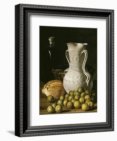 Still Life with Small Pears, Bread, White Pitcher, Glass Bottle, and Earthenware Bowl, 1760-Luis Egidio Meléndez-Framed Giclee Print