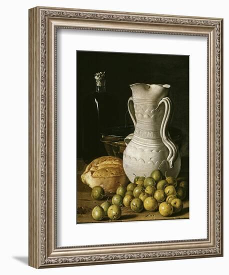 Still Life with Small Pears, Bread, White Pitcher, Glass Bottle, and Earthenware Bowl, 1760-Luis Egidio Meléndez-Framed Premium Giclee Print