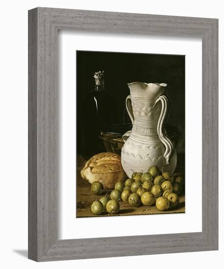 Still Life with Small Pears, Bread, White Pitcher, Glass Bottle, and Earthenware Bowl, 1760-Luis Egidio Meléndez-Framed Premium Giclee Print