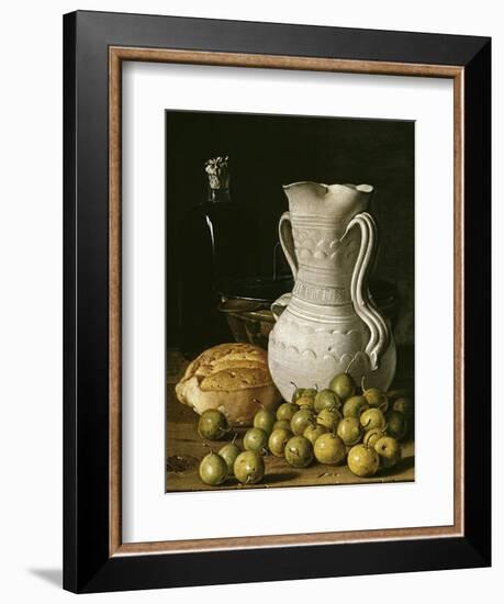 Still Life with Small Pears, Bread, White Pitcher, Glass Bottle, and Earthenware Bowl, 1760-Luis Egidio Meléndez-Framed Premium Giclee Print