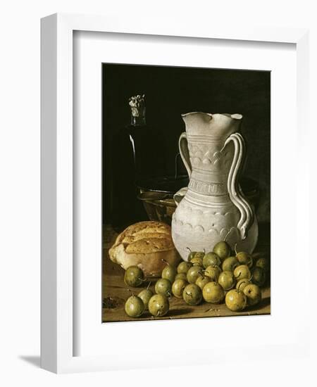 Still Life with Small Pears, Bread, White Pitcher, Glass Bottle, and Earthenware Bowl, 1760-Luis Egidio Meléndez-Framed Premium Giclee Print