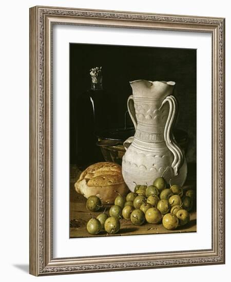 Still Life with Small Pears, Bread, White Pitcher, Glass Bottle, and Earthenware Bowl, 1760-Luis Egidio Meléndez-Framed Giclee Print