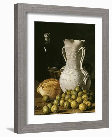 Still Life with Small Pears, Bread, White Pitcher, Glass Bottle, and Earthenware Bowl, 1760-Luis Egidio Meléndez-Framed Giclee Print