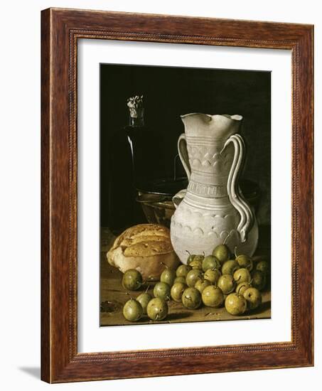 Still Life with Small Pears, Bread, White Pitcher, Glass Bottle, and Earthenware Bowl, 1760-Luis Egidio Meléndez-Framed Giclee Print