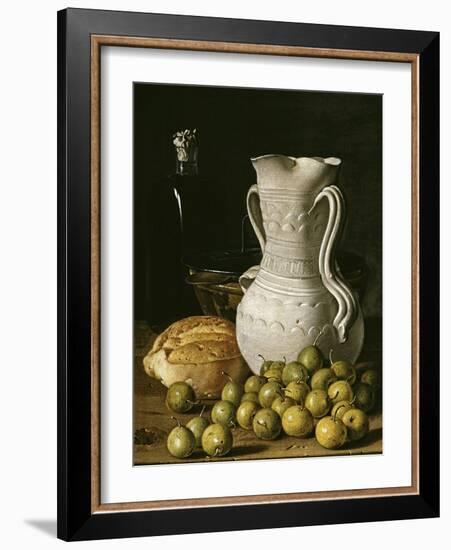 Still Life with Small Pears, Bread, White Pitcher, Glass Bottle, and Earthenware Bowl, 1760-Luis Egidio Meléndez-Framed Giclee Print