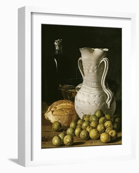 Still Life with Small Pears, Bread, White Pitcher, Glass Bottle, and Earthenware Bowl, 1760-Luis Egidio Meléndez-Framed Giclee Print