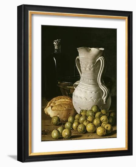 Still Life with Small Pears, Bread, White Pitcher, Glass Bottle, and Earthenware Bowl, 1760-Luis Egidio Meléndez-Framed Giclee Print