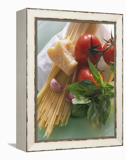 Still Life with Spaghetti, Tomatoes, Basil & Parmesan-null-Framed Premier Image Canvas