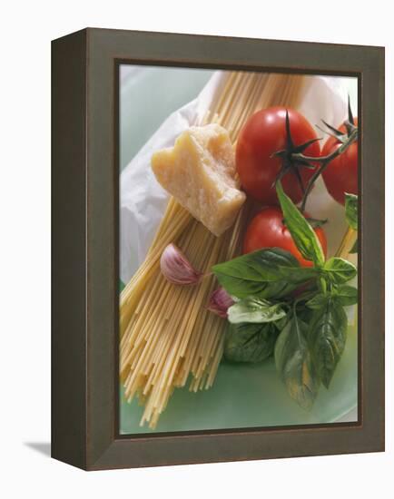 Still Life with Spaghetti, Tomatoes, Basil & Parmesan-null-Framed Premier Image Canvas