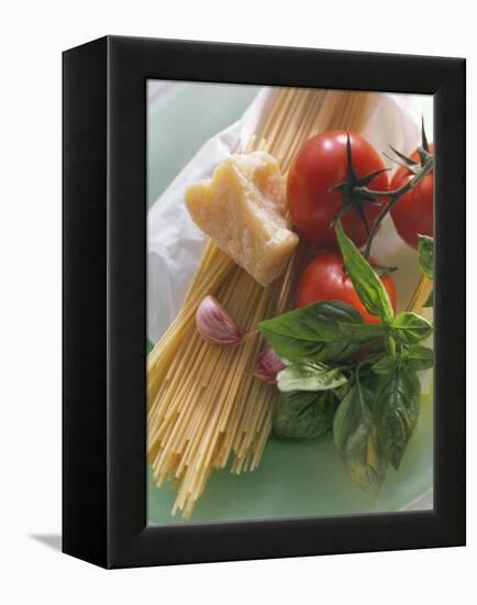 Still Life with Spaghetti, Tomatoes, Basil & Parmesan-null-Framed Premier Image Canvas