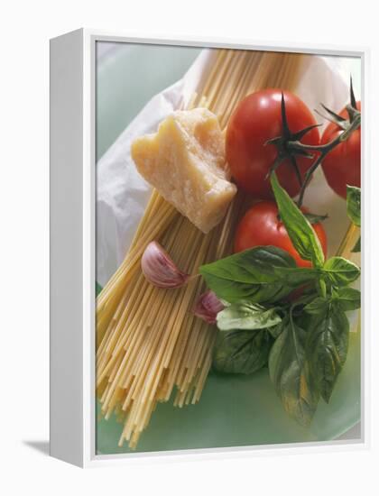 Still Life with Spaghetti, Tomatoes, Basil & Parmesan-null-Framed Premier Image Canvas