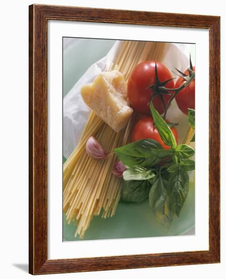 Still Life with Spaghetti, Tomatoes, Basil & Parmesan-null-Framed Photographic Print