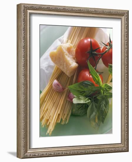 Still Life with Spaghetti, Tomatoes, Basil & Parmesan-null-Framed Photographic Print