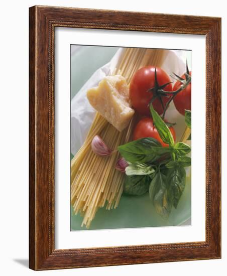 Still Life with Spaghetti, Tomatoes, Basil & Parmesan-null-Framed Photographic Print