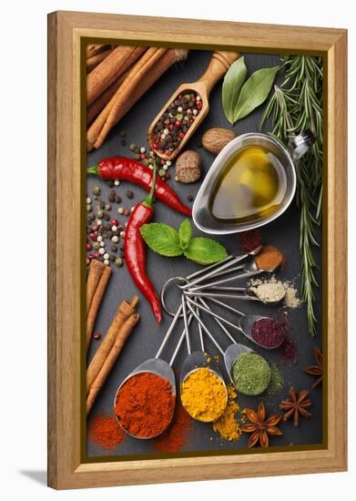 Still Life with Spices and Olive Oil-Andrii Gorulko-Framed Premier Image Canvas