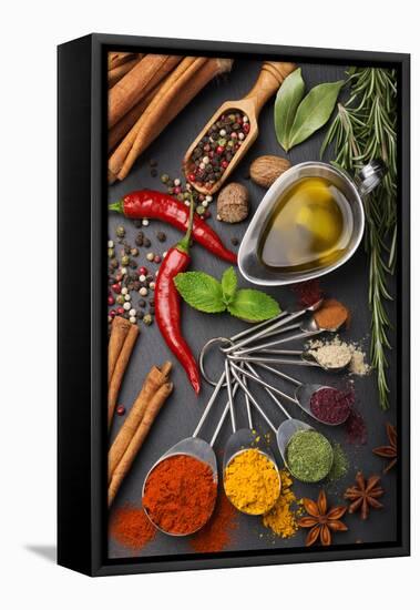 Still Life with Spices and Olive Oil-Andrii Gorulko-Framed Premier Image Canvas