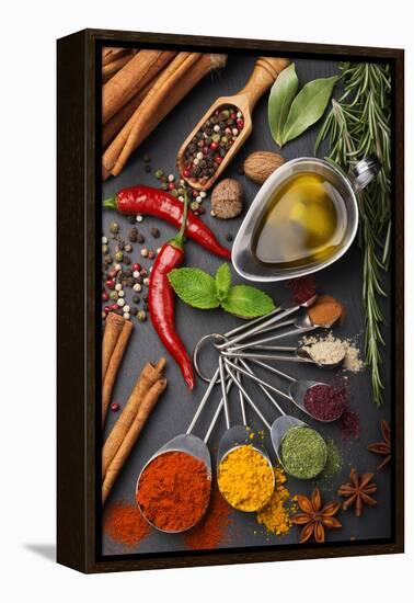 Still Life with Spices and Olive Oil-Andrii Gorulko-Framed Premier Image Canvas
