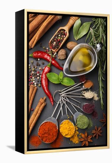 Still Life with Spices and Olive Oil-Andrii Gorulko-Framed Premier Image Canvas