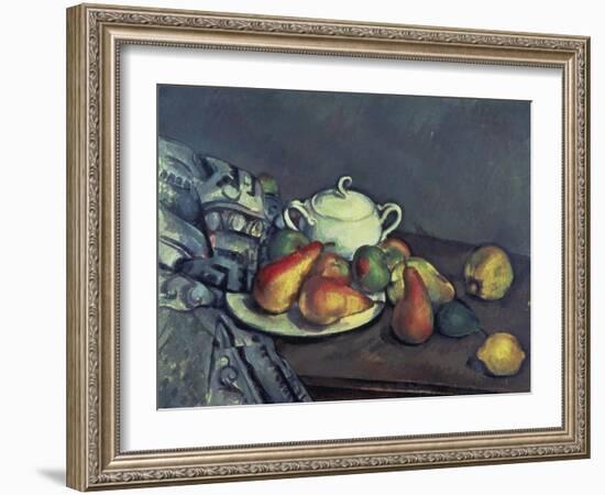 Still Life with Sugar Can, Pears and Tablecloth-Paul Cézanne-Framed Giclee Print