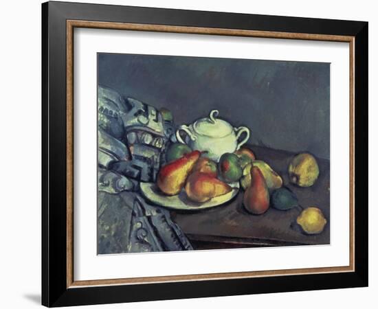 Still Life with Sugar Can, Pears and Tablecloth-Paul Cézanne-Framed Giclee Print