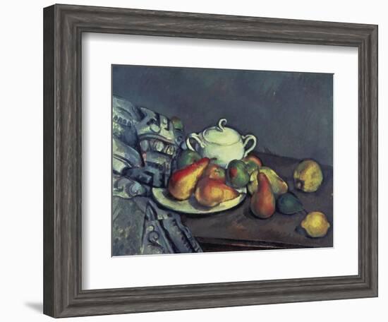 Still Life with Sugar Can, Pears and Tablecloth-Paul Cézanne-Framed Giclee Print