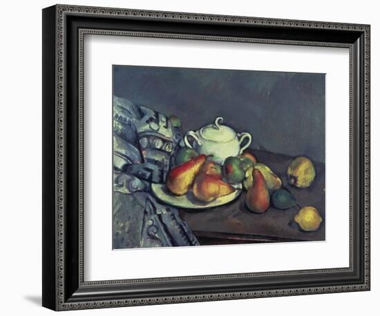 Still Life with Sugar Can, Pears and Tablecloth-Paul Cézanne-Framed Giclee Print