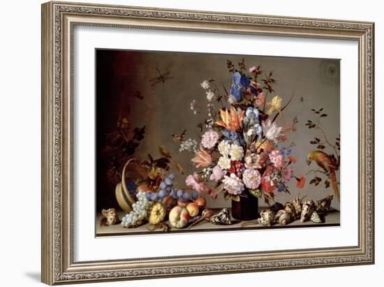 Still Life with Tilted Basket of Fruit, Vase of Flowers, and Shells-Balthasar van der Ast-Framed Giclee Print
