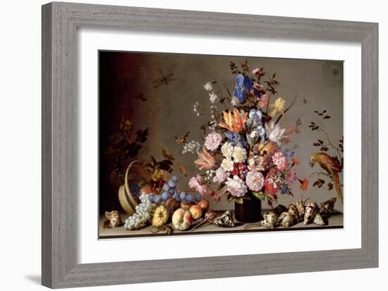 Still Life with Tilted Basket of Fruit, Vase of Flowers, and Shells-Balthasar van der Ast-Framed Giclee Print