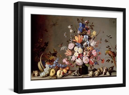 Still Life with Tilted Basket of Fruit, Vase of Flowers, and Shells-Balthasar van der Ast-Framed Giclee Print