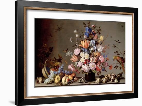 Still Life with Tilted Basket of Fruit, Vase of Flowers, and Shells-Balthasar van der Ast-Framed Giclee Print