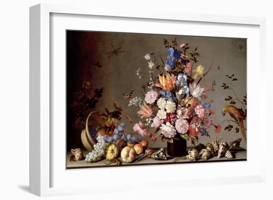 Still Life with Tilted Basket of Fruit, Vase of Flowers, and Shells-Balthasar van der Ast-Framed Giclee Print