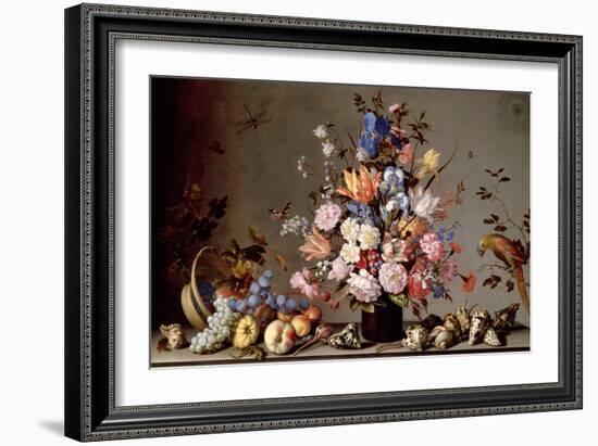 Still Life with Tilted Basket of Fruit, Vase of Flowers, and Shells-Balthasar van der Ast-Framed Giclee Print