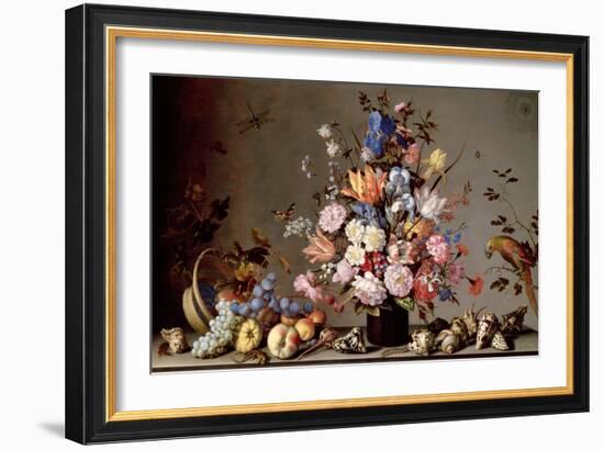 Still Life with Tilted Basket of Fruit, Vase of Flowers, and Shells-Balthasar van der Ast-Framed Giclee Print