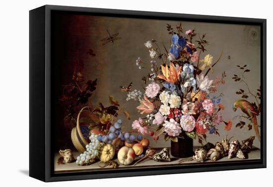 Still Life with Tilted Basket of Fruit, Vase of Flowers, and Shells-Balthasar van der Ast-Framed Premier Image Canvas