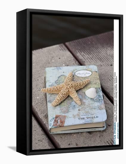 Still Life with Travel Diary, Wooden Jetty, Seashell, Starfish-Andrea Haase-Framed Premier Image Canvas