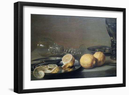Still Life with Two Lemons, a Facon De Venise Glass, Roemer, Knife and Olives on a Table-Peter da Heem-Framed Art Print