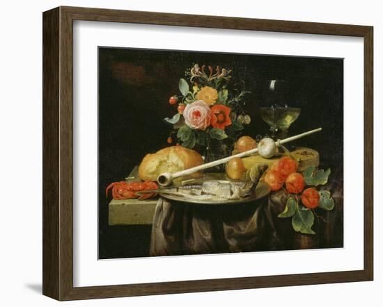 Still life with vase, fruits, herring and whistle. 1658-Joris van Son-Framed Giclee Print