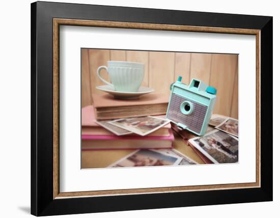 Still Life with Vintage Camera and Photos. Blur Effect, Focus on Camera-soupstock-Framed Photographic Print