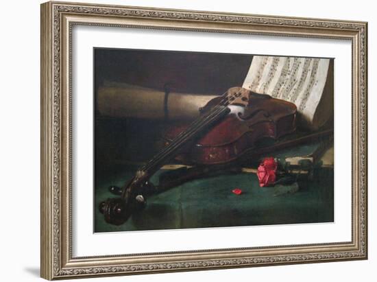 Still Life with Violin, Sheet Music and a Rose-Francois Bonvin-Framed Art Print