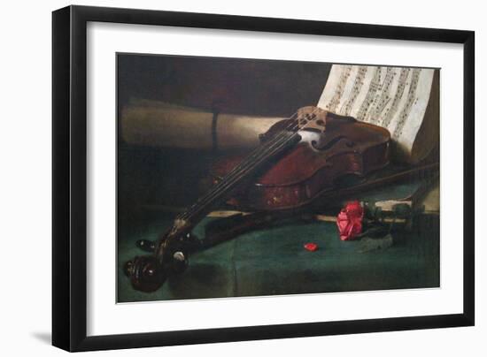 Still Life with Violin, Sheet Music and a Rose-Francois Bonvin-Framed Art Print