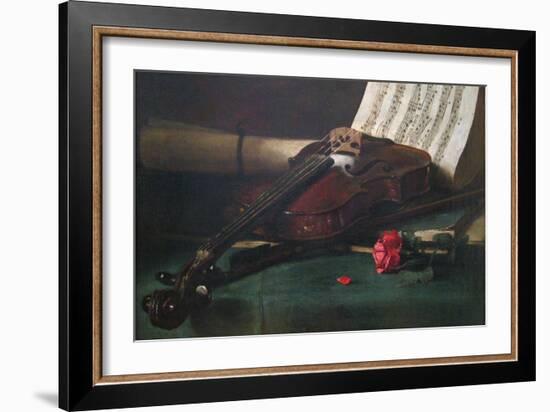 Still Life with Violin, Sheet Music and a Rose-Francois Bonvin-Framed Art Print